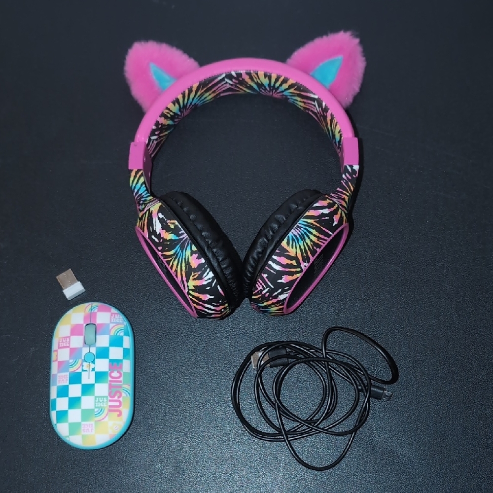 Justice Pink and Black Cat Ear Headphones With Wireless Mouse